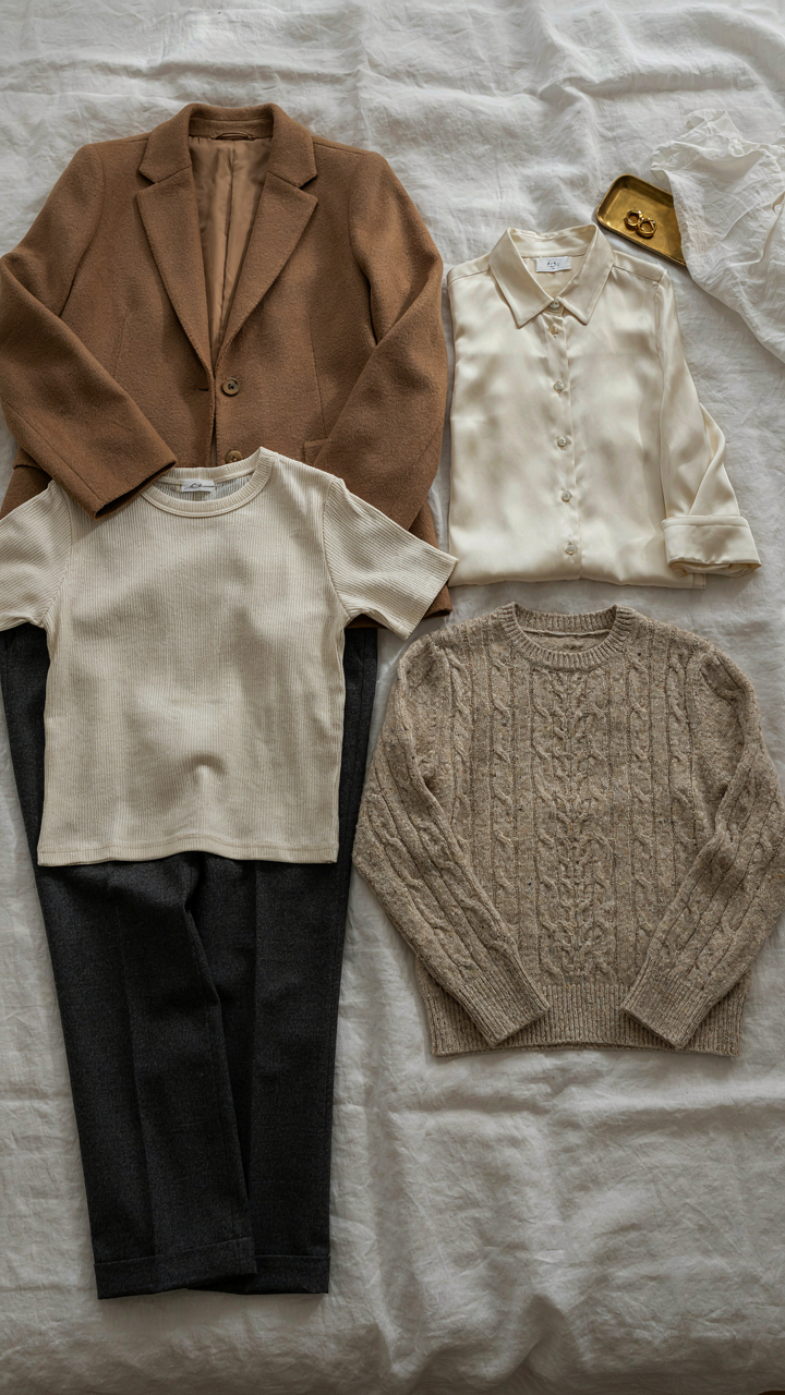 A capsule wardrobe of five versatile pieces is neatly arranged on a bed.
