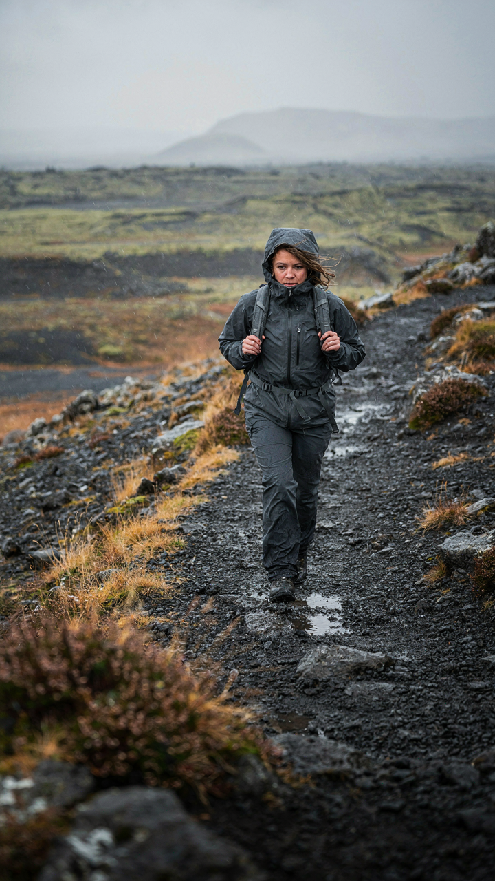 A woman hikes on a rainy, windy trail in Iceland wearing a waterproof shell.