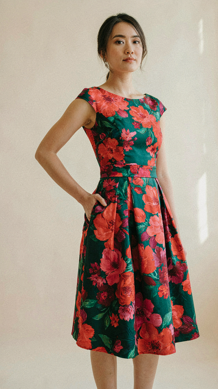 A woman confidently wears a bright, bold floral cocktail dress.
