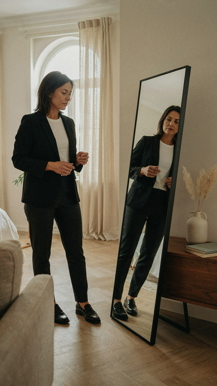 A woman over 40 wears a black blazer, looking at her reflection in a mirror.