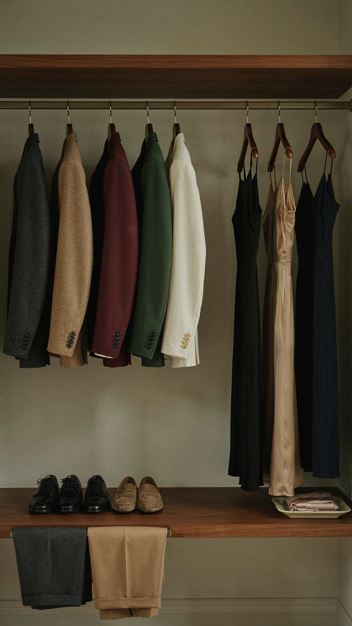 A well-organized closet displays versatile clothing and classic shoes.