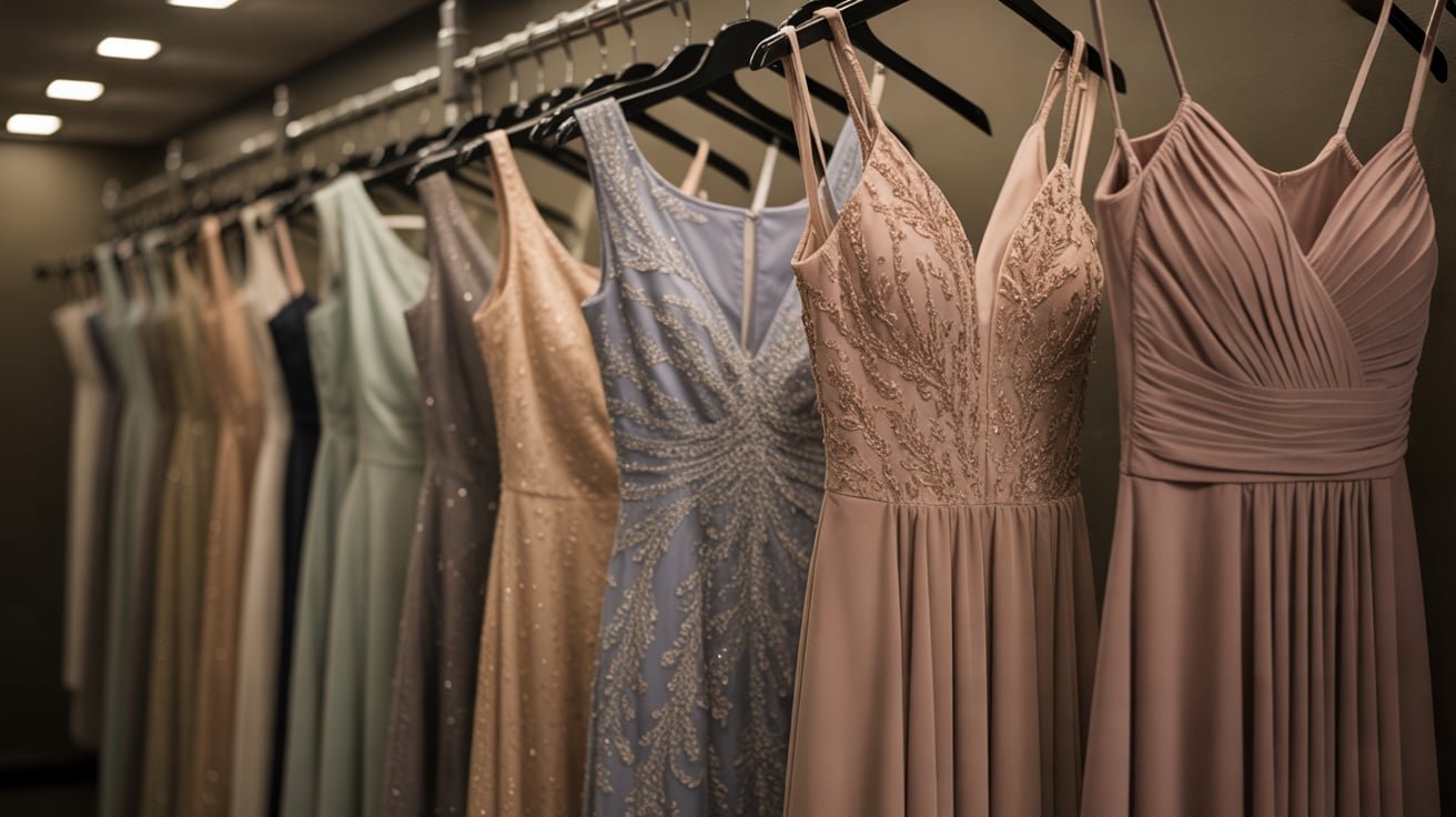 Rail of evening dresses in muted jewel tones in a dim fitting room