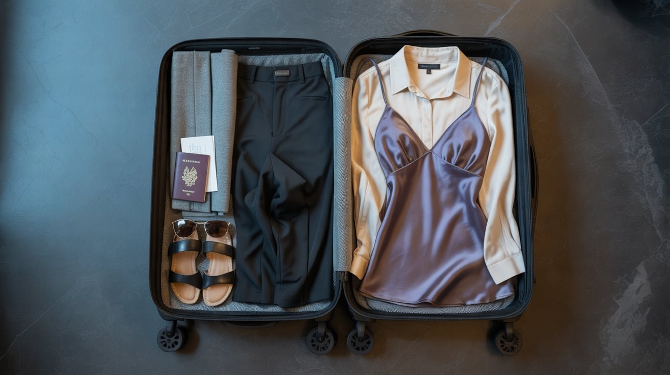Open carry-on suitcase packed with a neutral travel capsule wardrobe