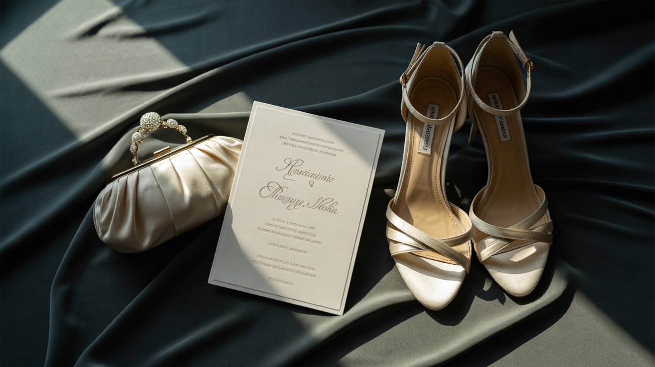 Wedding invitation, satin clutch and strappy heels on dark velvet