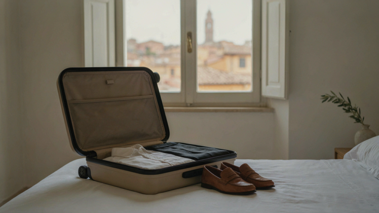 An open suitcase with a few neat clothes for an italy capsule wardrobe on a bed.