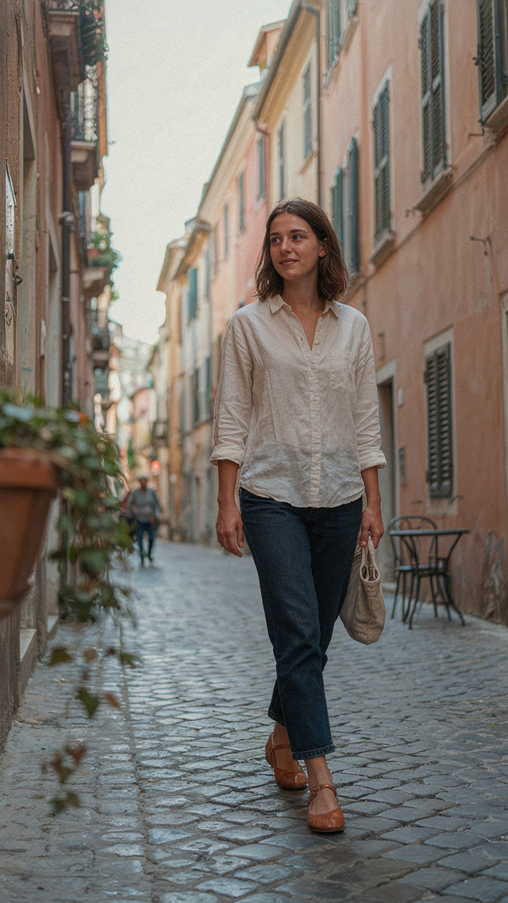 A person in well-fitted clothes walks on a cobblestone street.