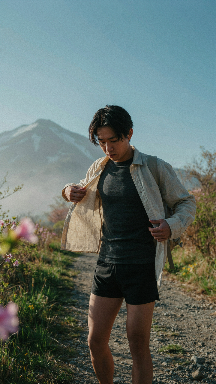 A traveler adds a linen shirt in a spring morning landscape.