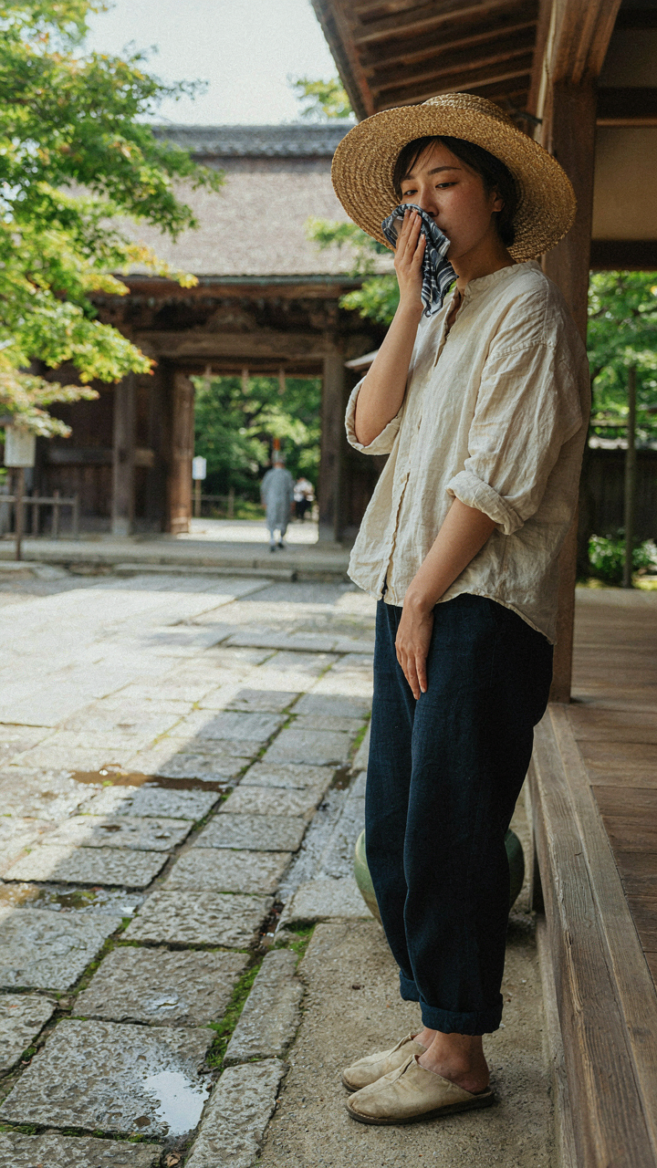 A person in a hat and ramie shirt cools down with a cloth.