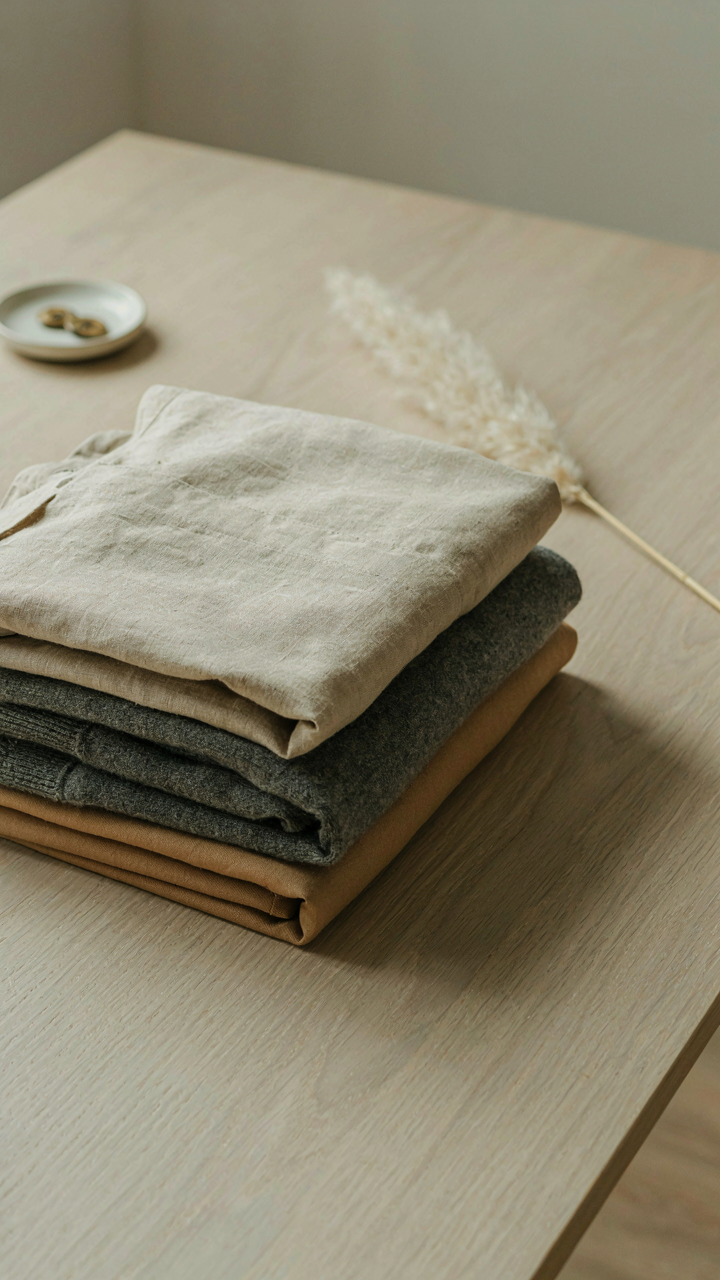 A stack of minimalist clothing items for a japan capsule wardrobe.