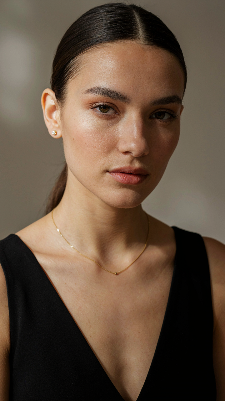 A woman's sleek low ponytail and defined brows with a black jumpsuit.