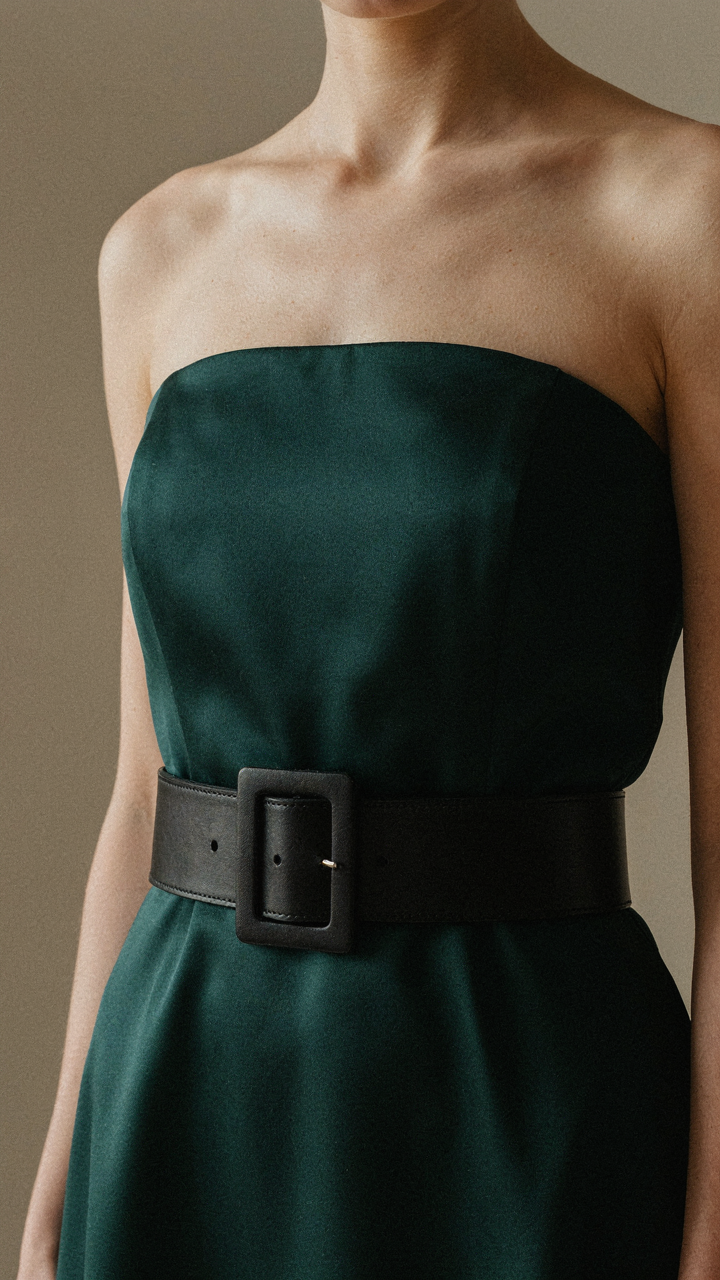 Close-up of a woman's mid-section with a structured matte leather belt.