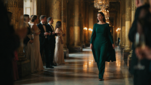 A woman wears a deep emerald green jumpsuit with cape formal, walking into an event.