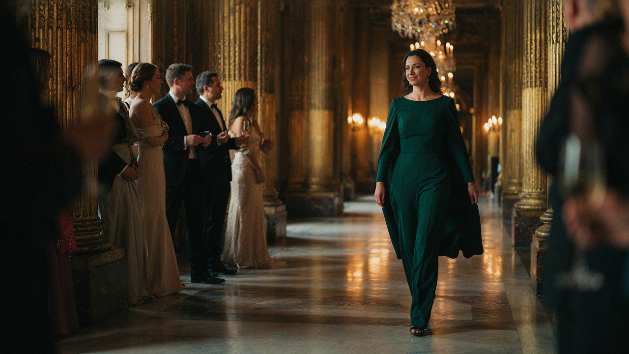 A woman wears a deep emerald green jumpsuit with cape formal, walking into an event.