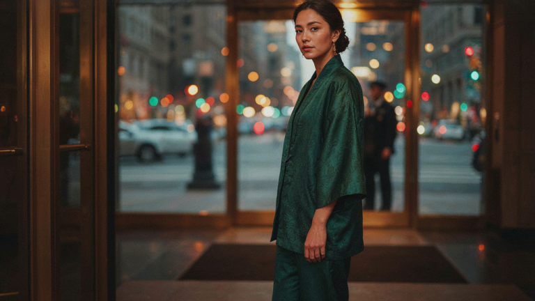 A woman in a vibrant kimono jacket stands at a restaurant entrance, ready for a dressy dinner.