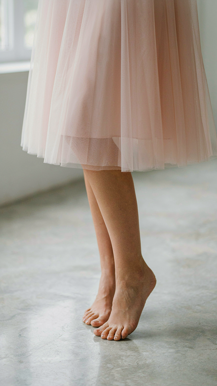 A woman's legs in a knee-length tulle cocktail dress, hem at the knee.