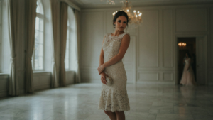 Woman in an elegant lace cocktail dress in a sophisticated ballroom setting.