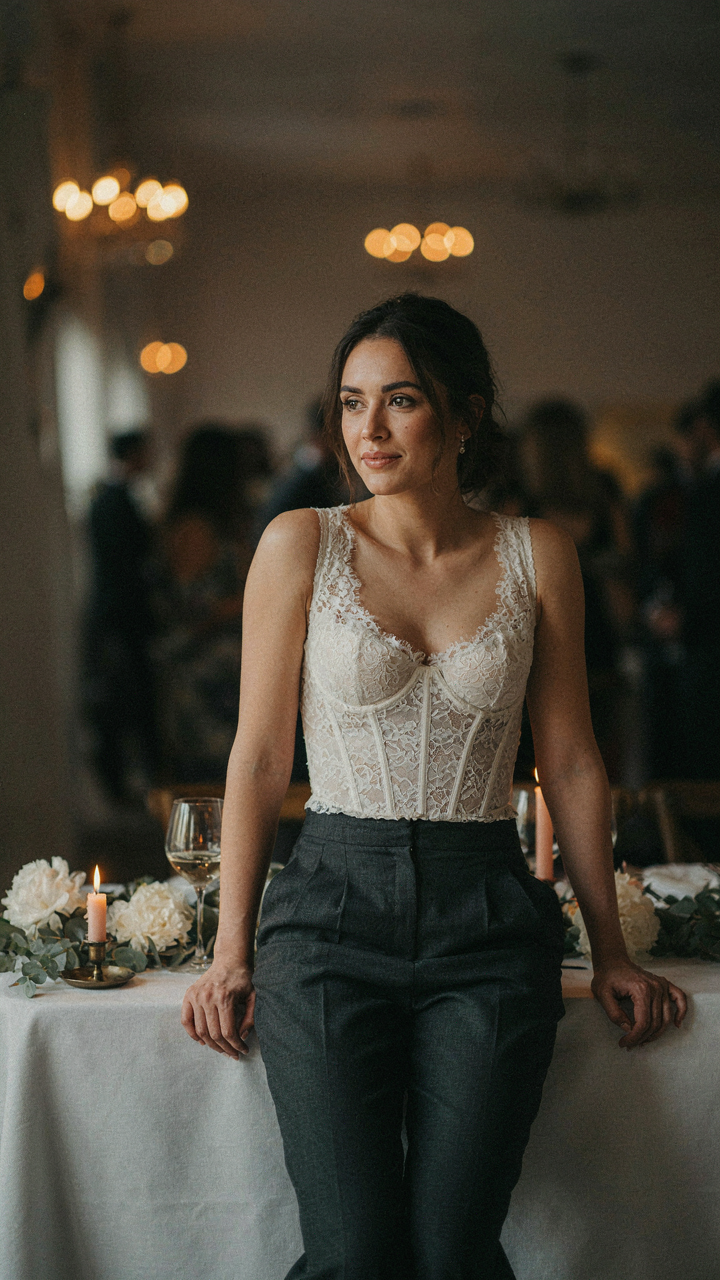 A woman sits with perfect posture in a lace corset top and tailored trousers.
