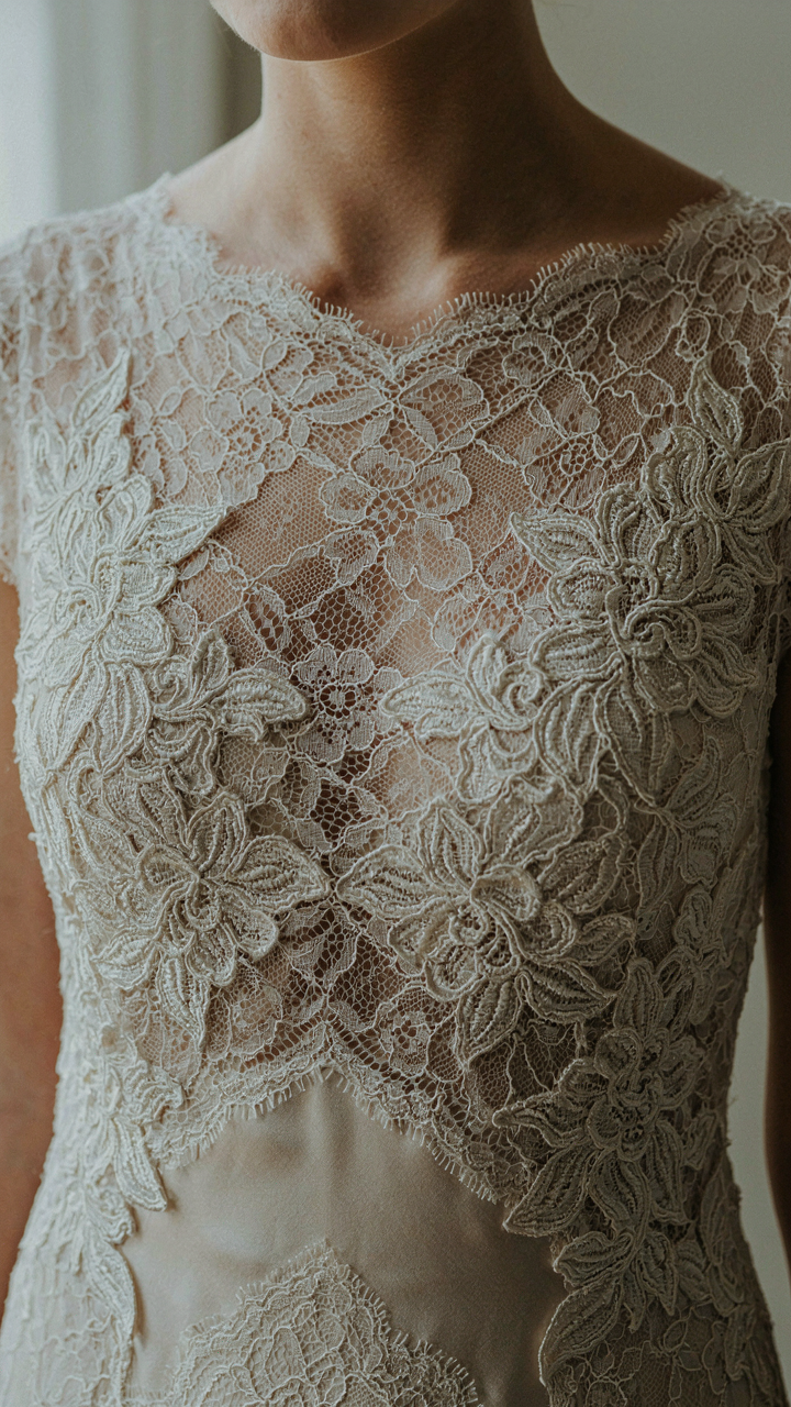 Close-up of a lace cocktail dress with layered Chantilly and Guipure lace textures.