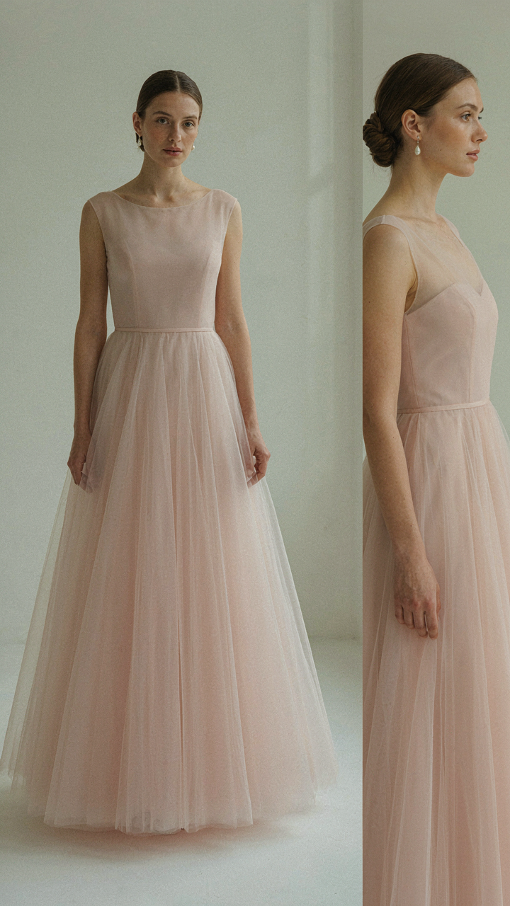 Two views of a tulle dress, one with a high neckline, one with a low neckline.
