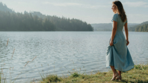 A woman in a blue dress stands by a lake, dressed for a breezy waterfront wedding.