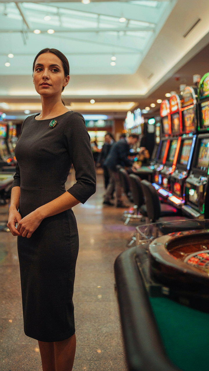 A woman in a simple dark dress stands out with a single brooch.