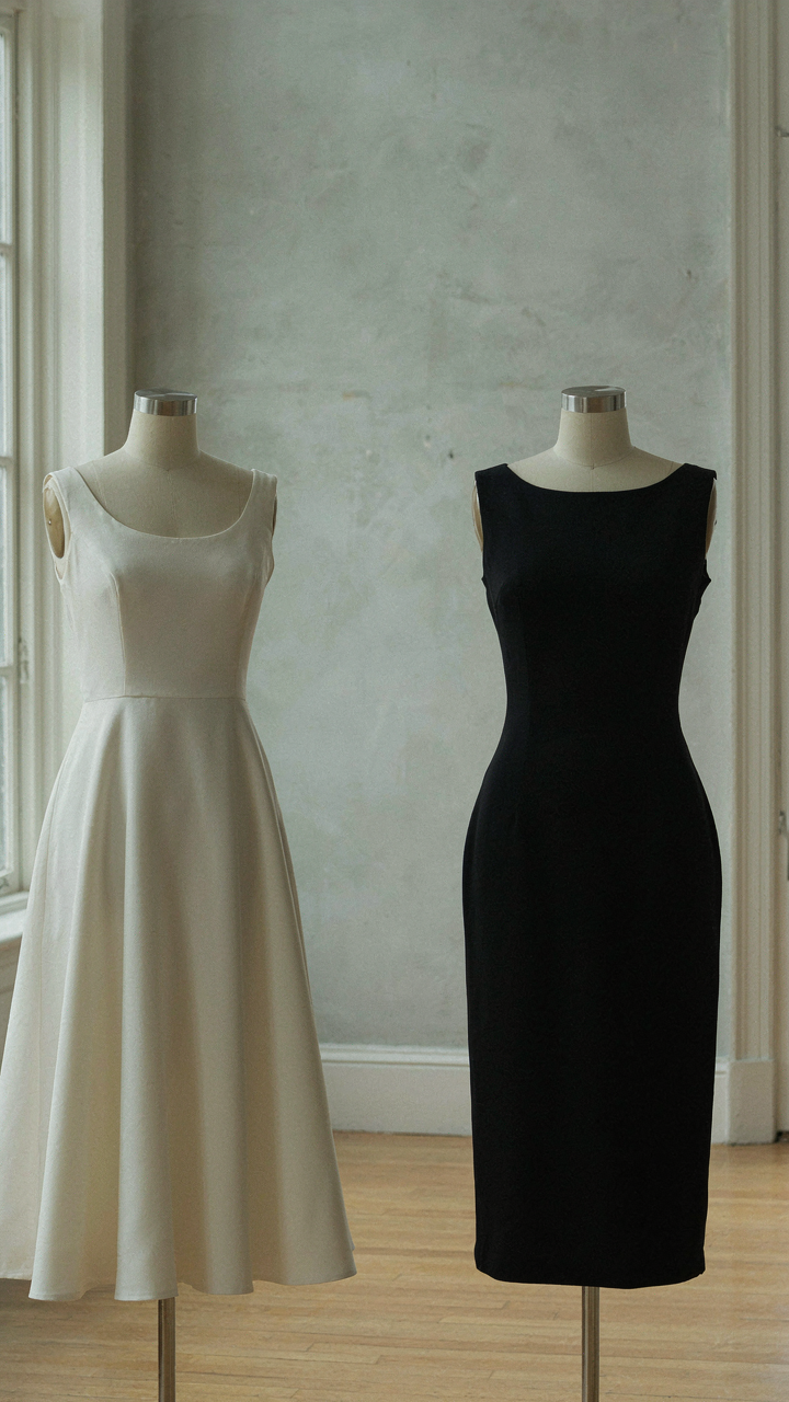 A classic A-line dress and a sleek sheath dress on mannequins.