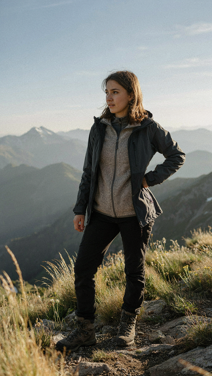 A person layers a waterproof shell over a fleece and merino base layer.