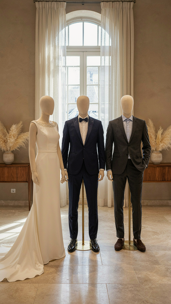 Formal outfits on mannequins show different levels of dress code.