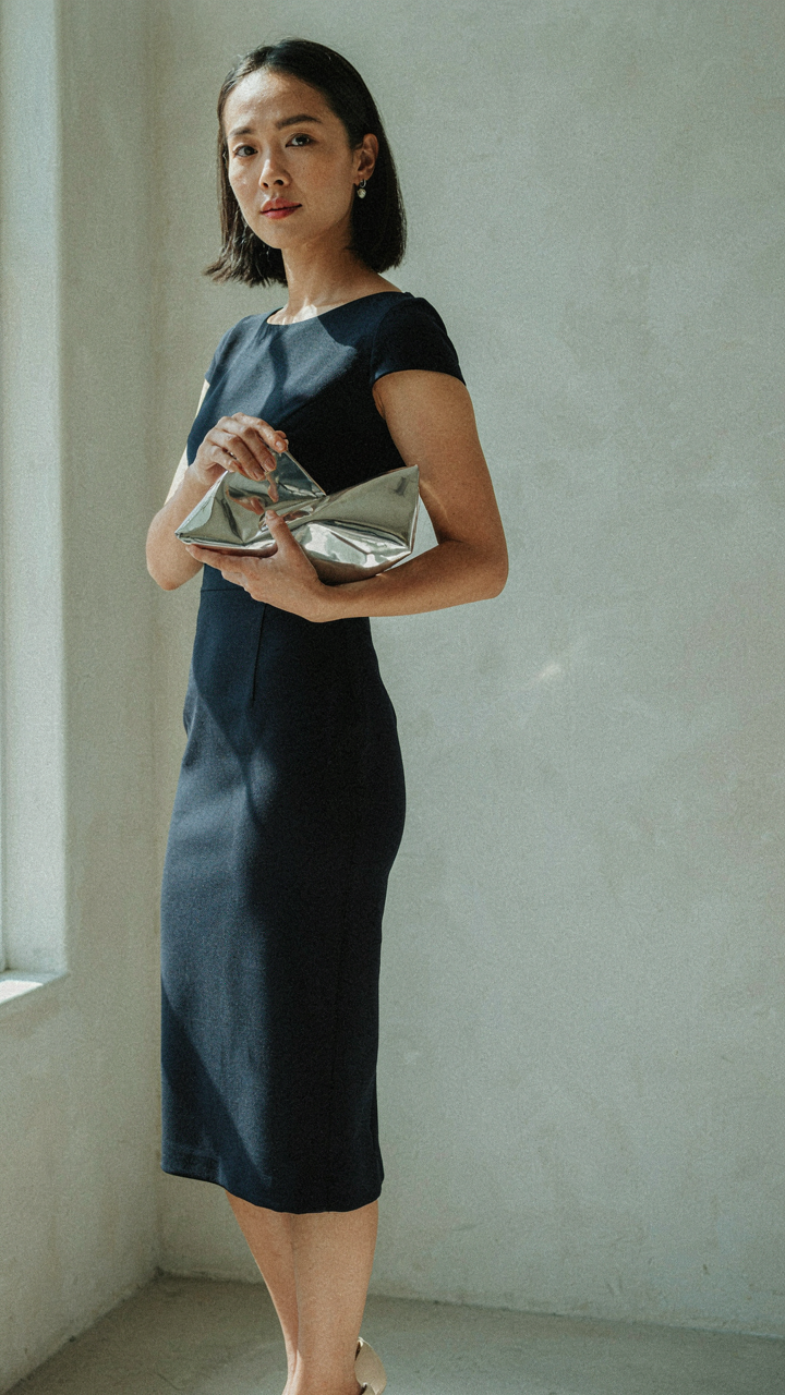 A navy cocktail dress with a bold silver clutch and heels.