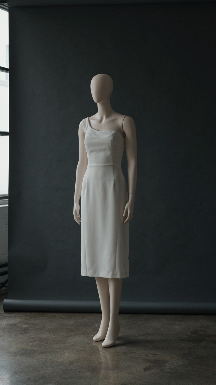 A crisp, white one shoulder cocktail dress stands out in a dark room.