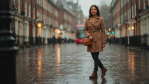 A person in a stylish coat walks on a wet London street, embodying a london capsule wardrobe.