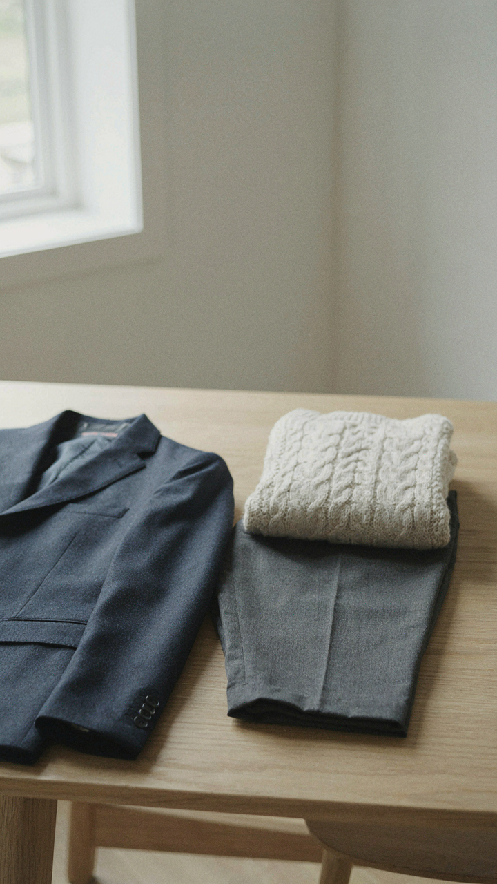 A navy blazer, charcoal trousers, and cream sweater showing a neutral palette.