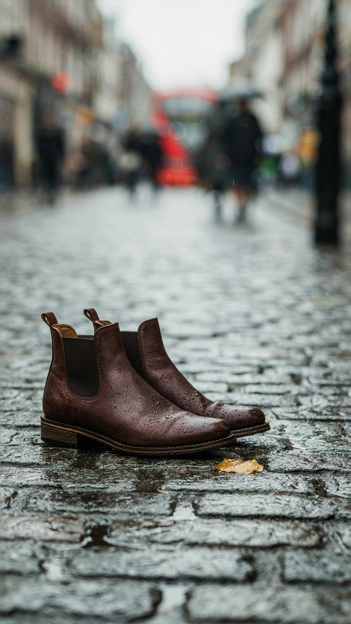 Leather Chelsea boots standing on a wet, uneven cobblestone street in London.