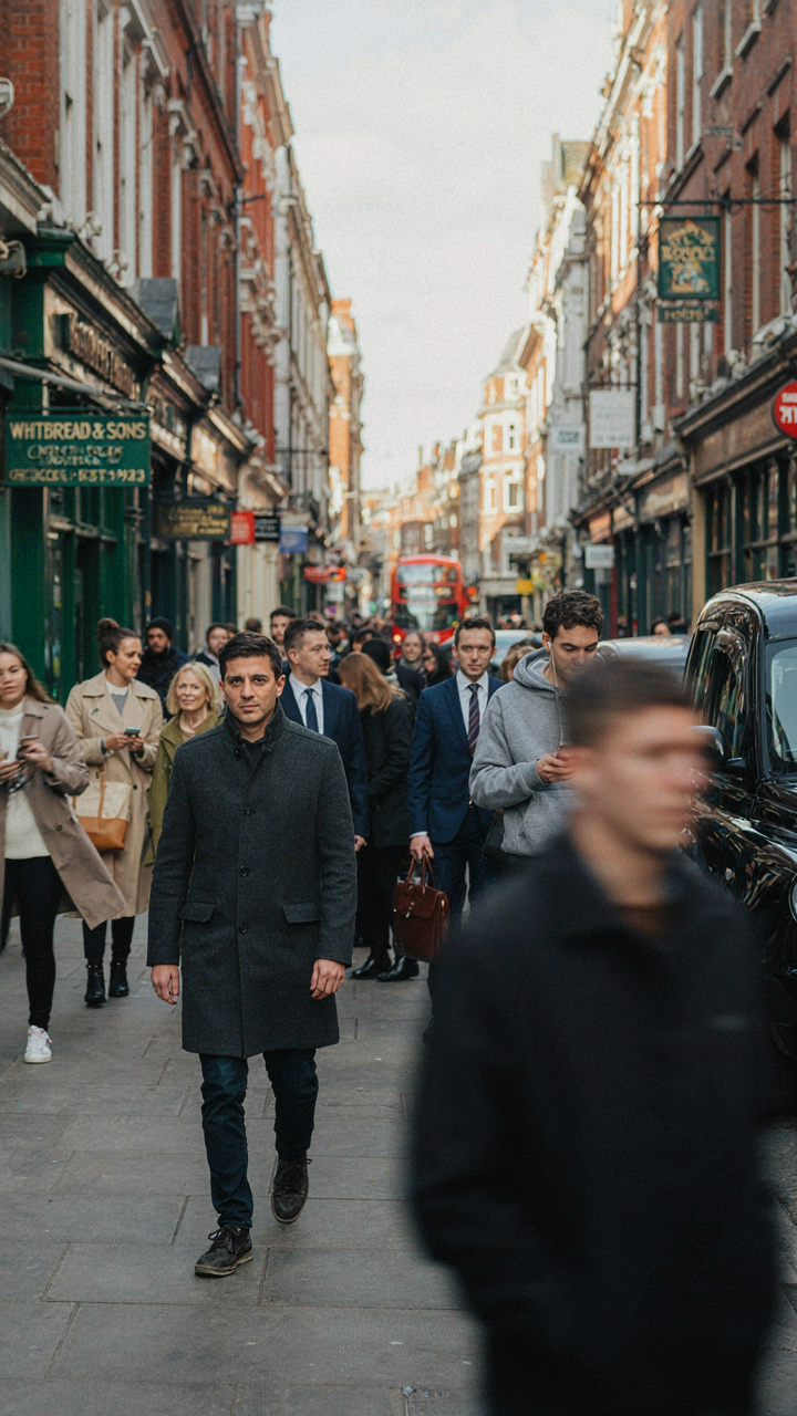 A person in a simple dark coat and trainers walking on a busy London street.