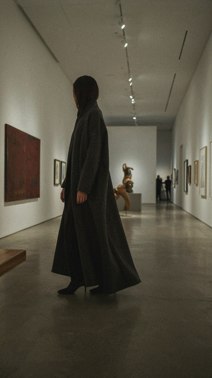 A woman in a long, flowing evening cape walks through an art gallery.