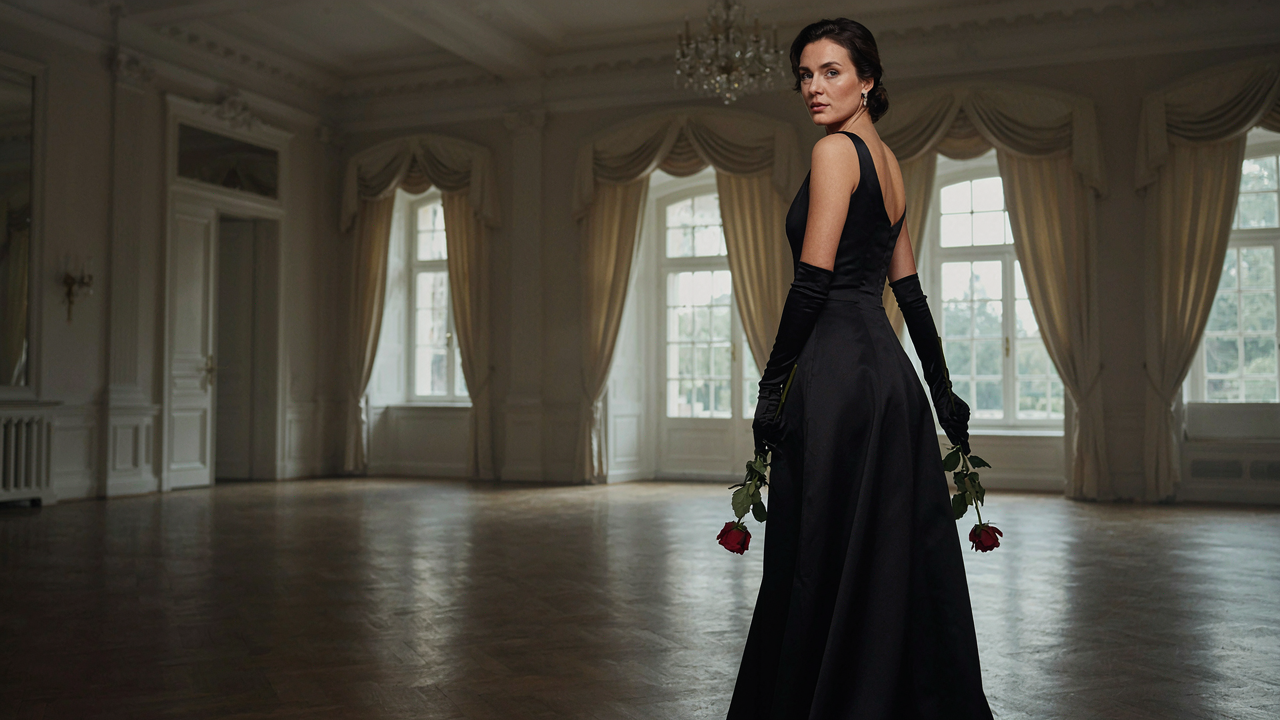 A woman in a black elegant long gloves evening dress in a grand ballroom.
