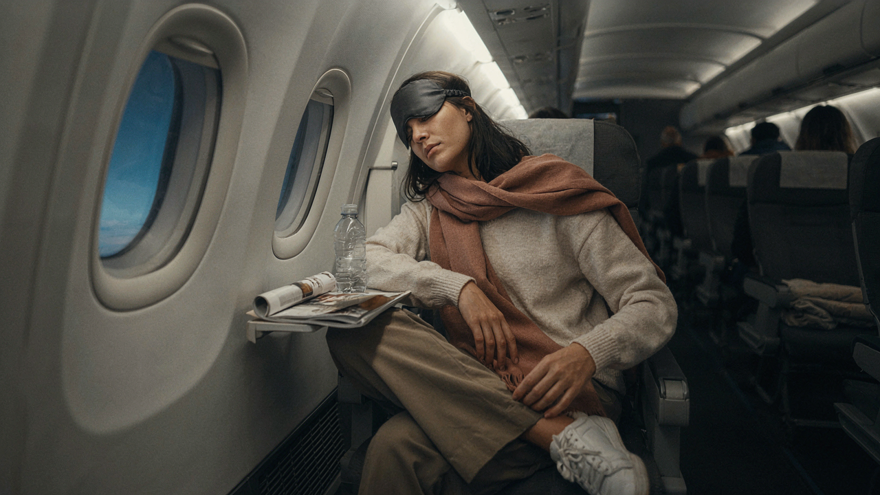 Woman wearing a comfortable long haul flight outfit, sleeping peacefully on an airplane.