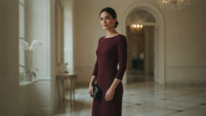 Woman in a deep burgundy long sleeve cocktail dress in an elegant setting.
