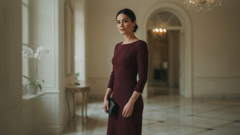 Woman in a deep burgundy long sleeve cocktail dress in an elegant setting.