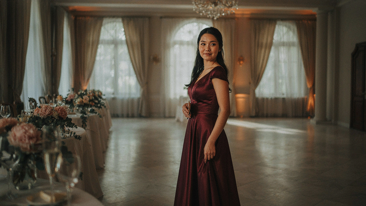 A woman in a burgundy long sleeve wedding guest dress stands in a grand hall.