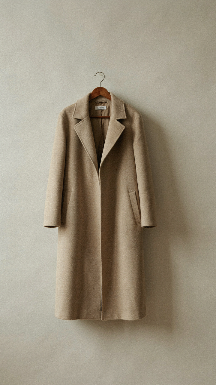 A high-quality, long wool coat hangs neatly on a wooden hanger.