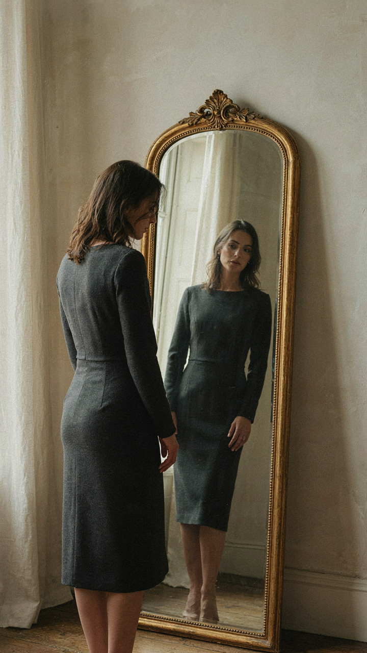 Woman looking at her reflection in a large antique mirror.