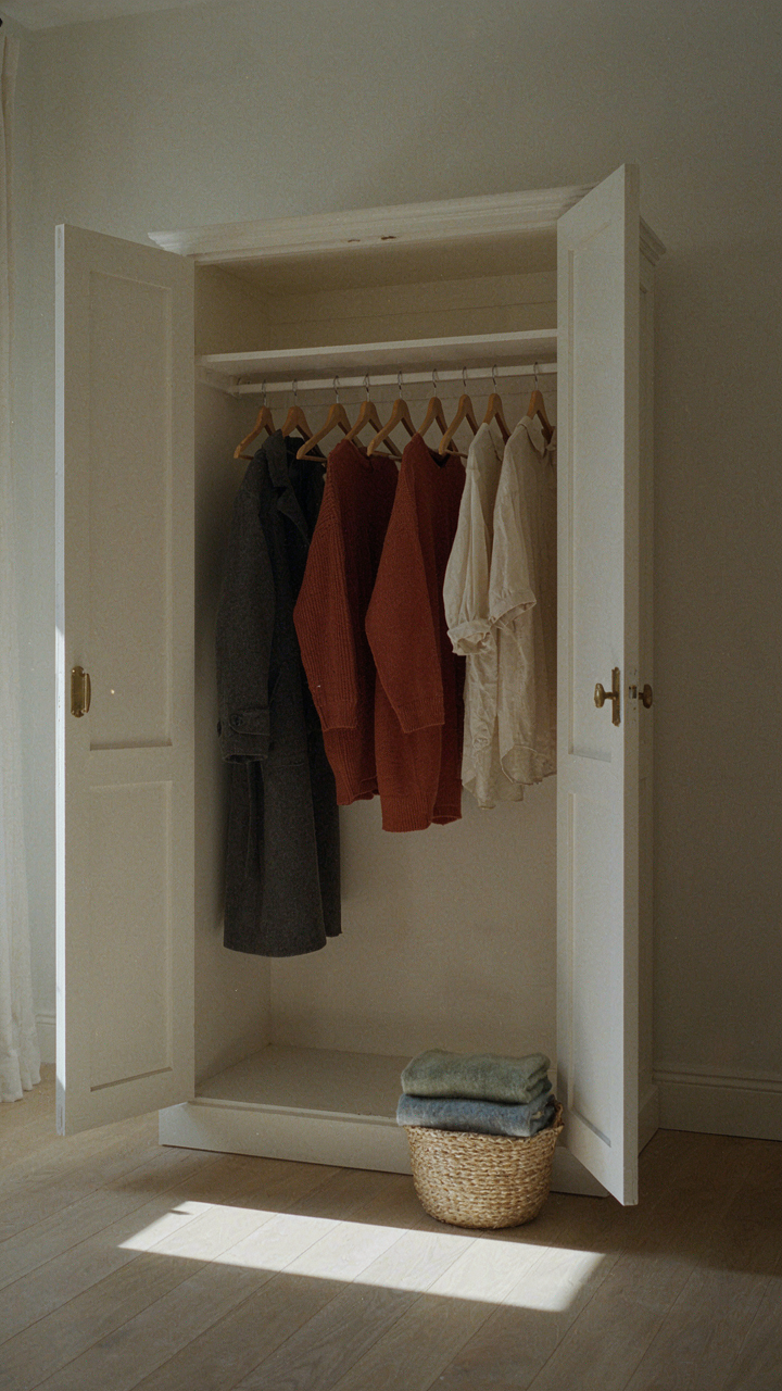 A partially empty wardrobe with a few items, showing a recent clothes rotation.