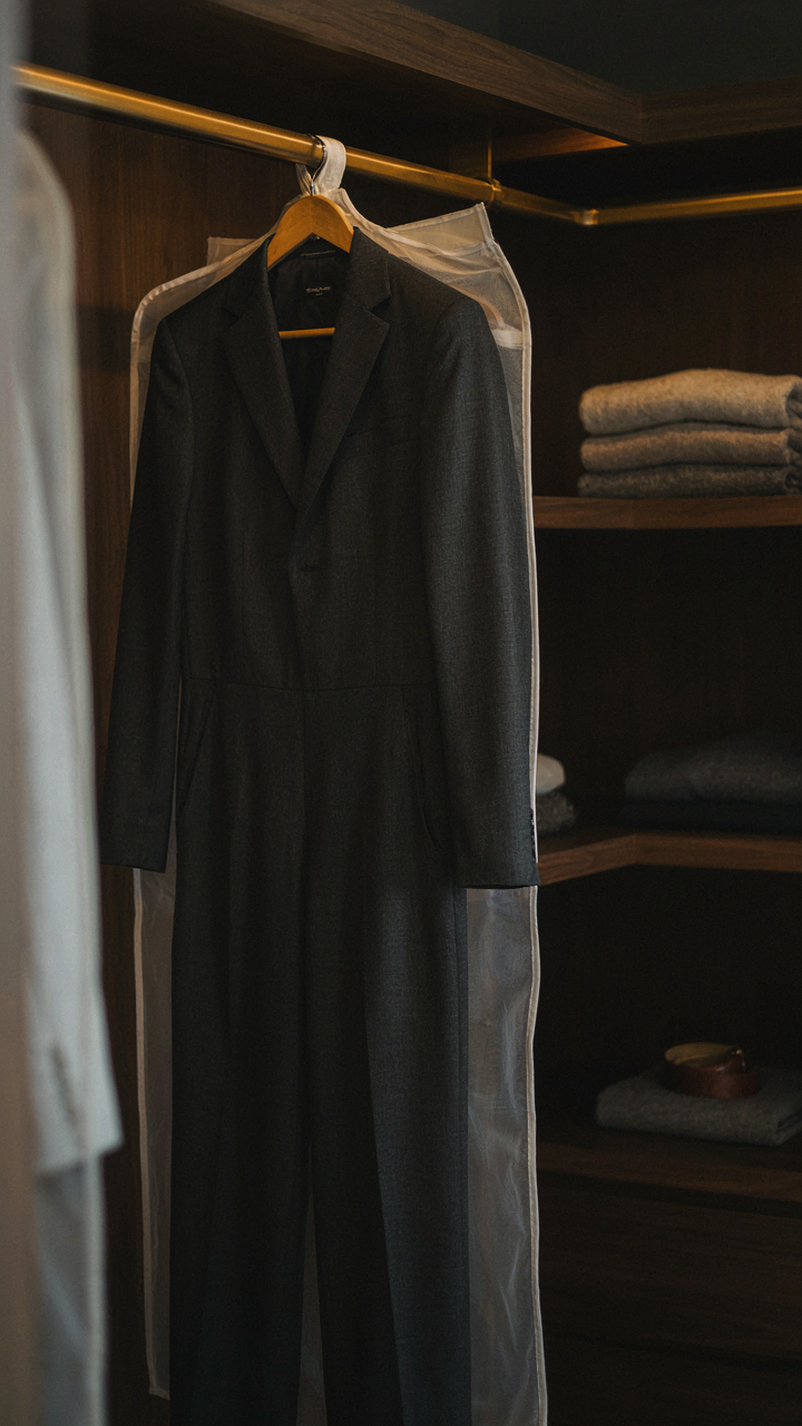 A formal jumpsuit with sleeves hanging in a garment bag in a closet.