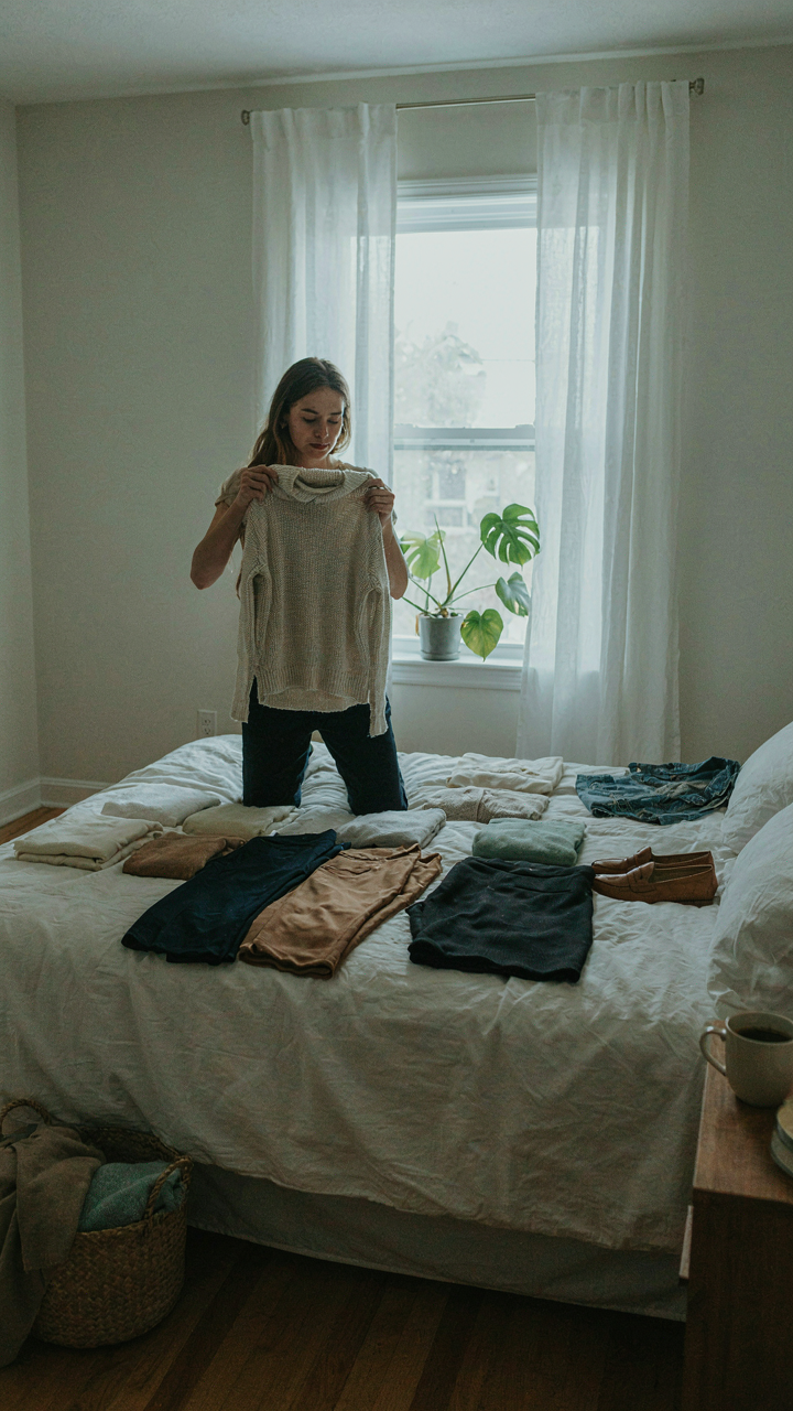 A person methodically lays out all their clothing on a bed for an audit.