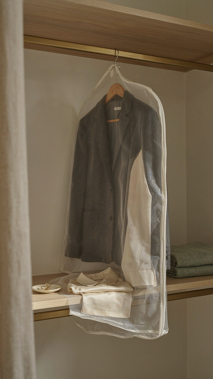A silk blouse and wool blazer are stored neatly in a garment bag.