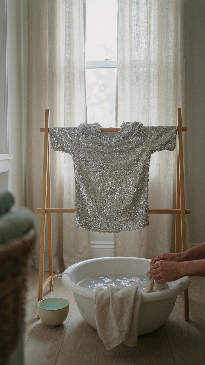 A sequin top laid flat on a drying rack after being hand washed.