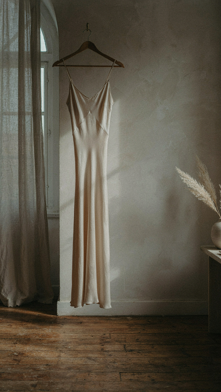 A sleek, well-tailored silk dress with clean lines in a sunlit atelier.