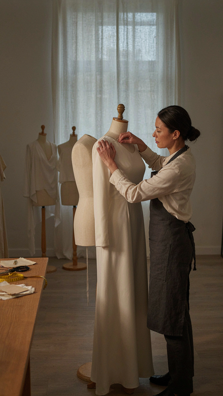 A tailor precisely adjusting the shoulder seam of an elegant gown.