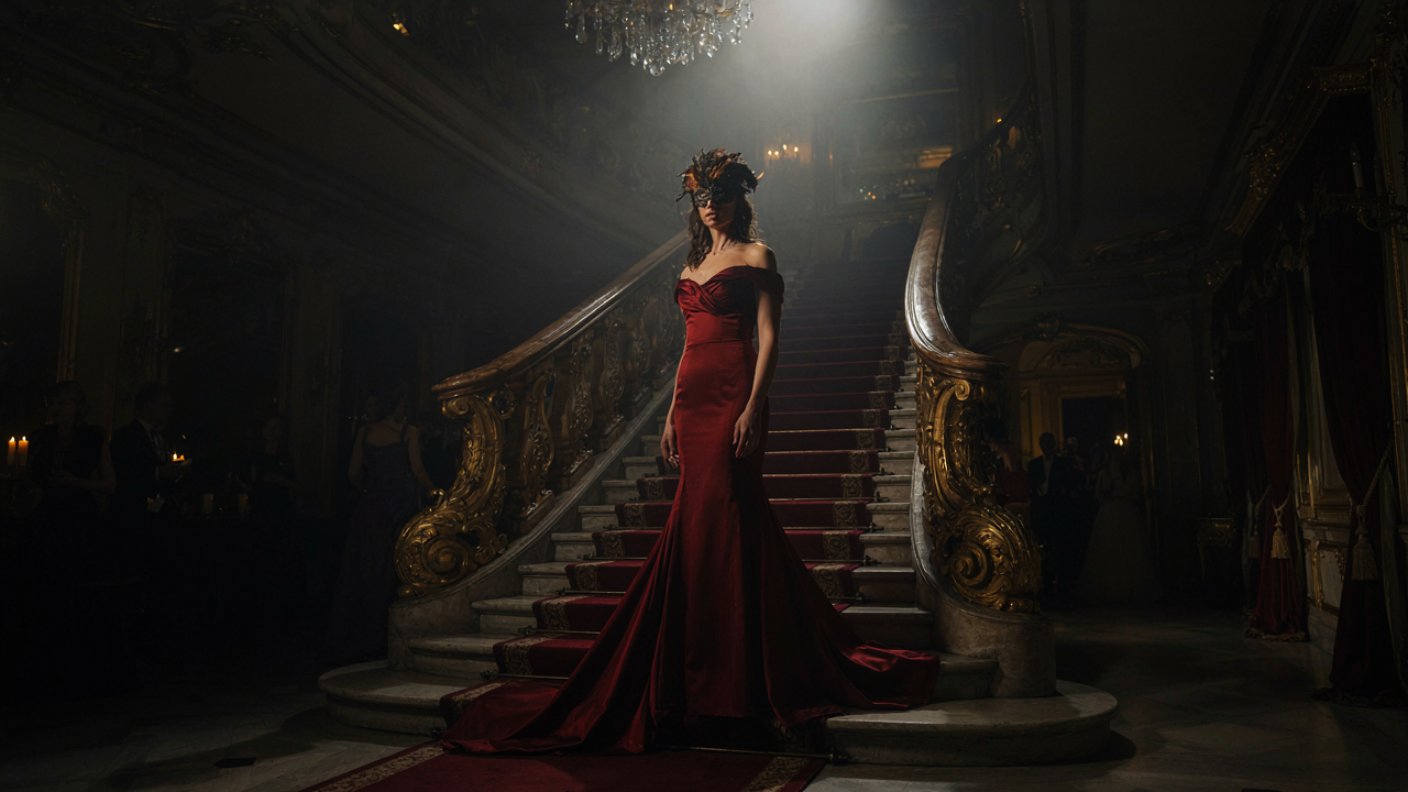 A woman in a dramatic masquerade ball guest dress on an ornate staircase.